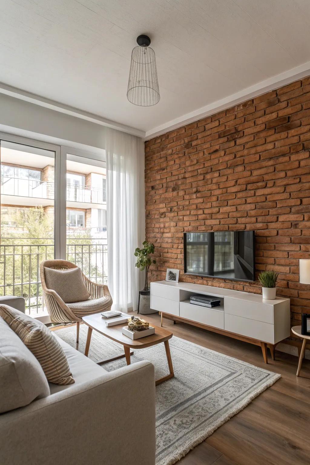 A modern living area featuring a brick highlight wall, enhancing the elegant and fashionable decor.