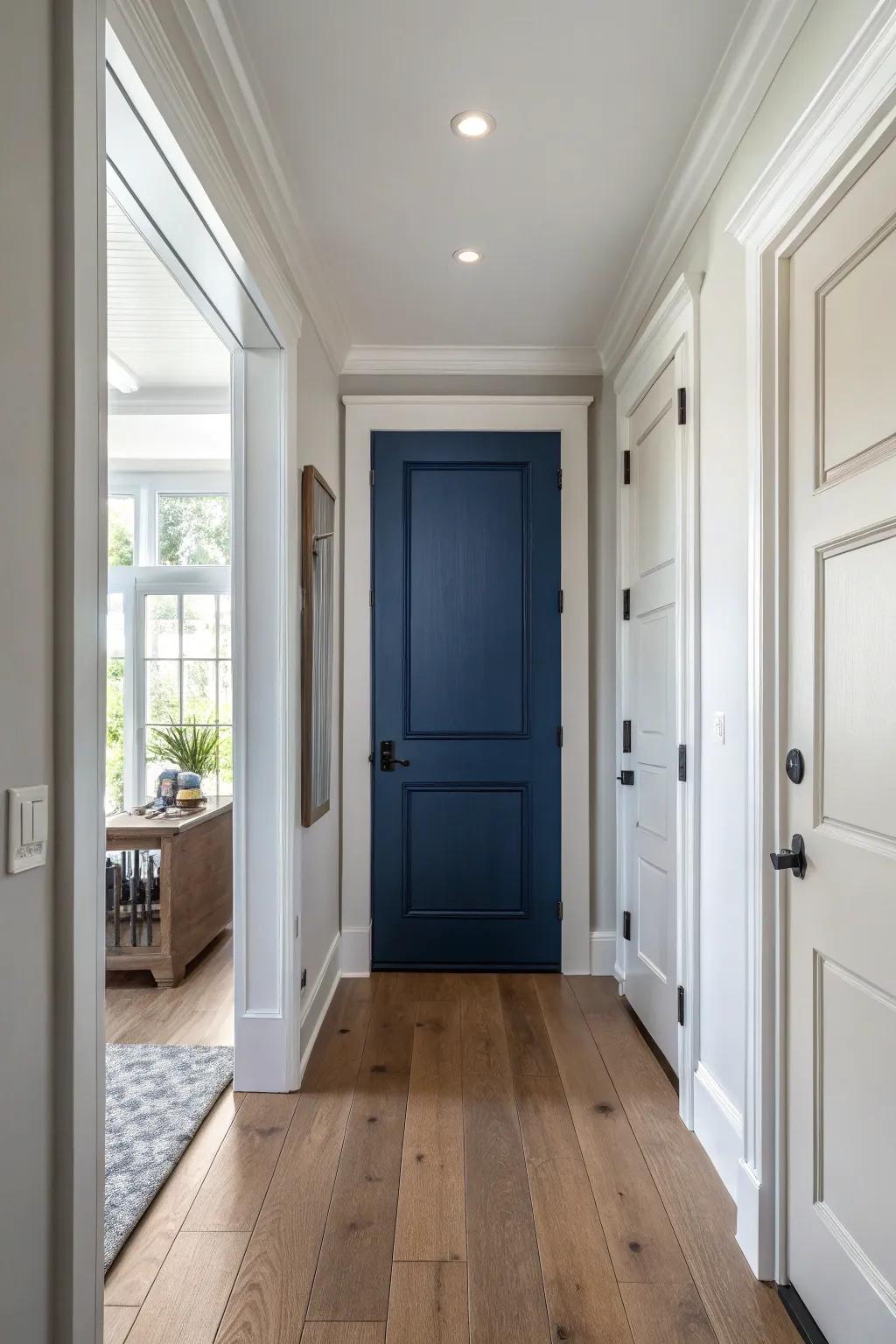 Navy blue doors establishing a captivating point of focus.