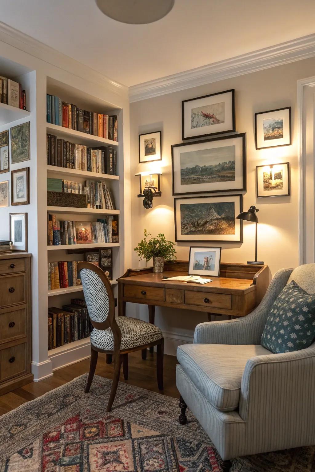 Spotlighting employed to accentuate artworks in a workspace.