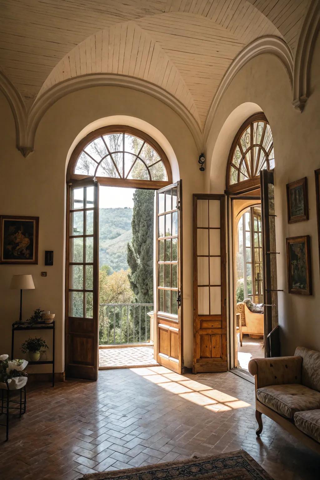 Curved windows and doors establish a smooth flow of grace.