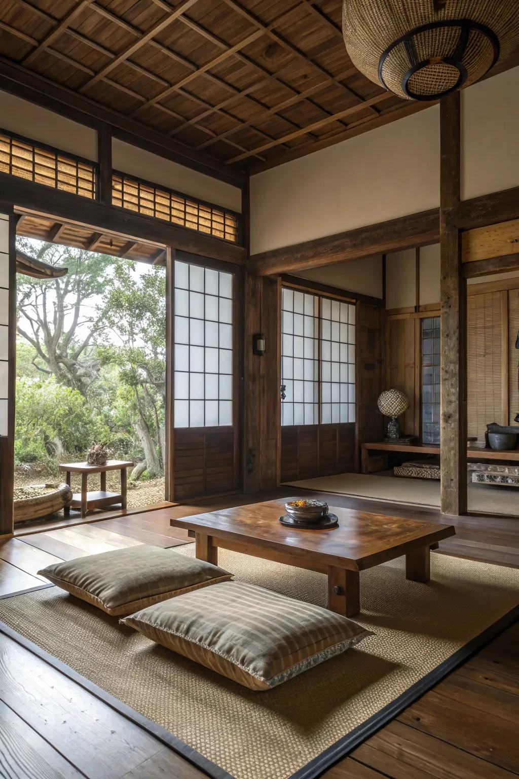 Natural wood and bamboo touches bring warmth to this Japanese living space.