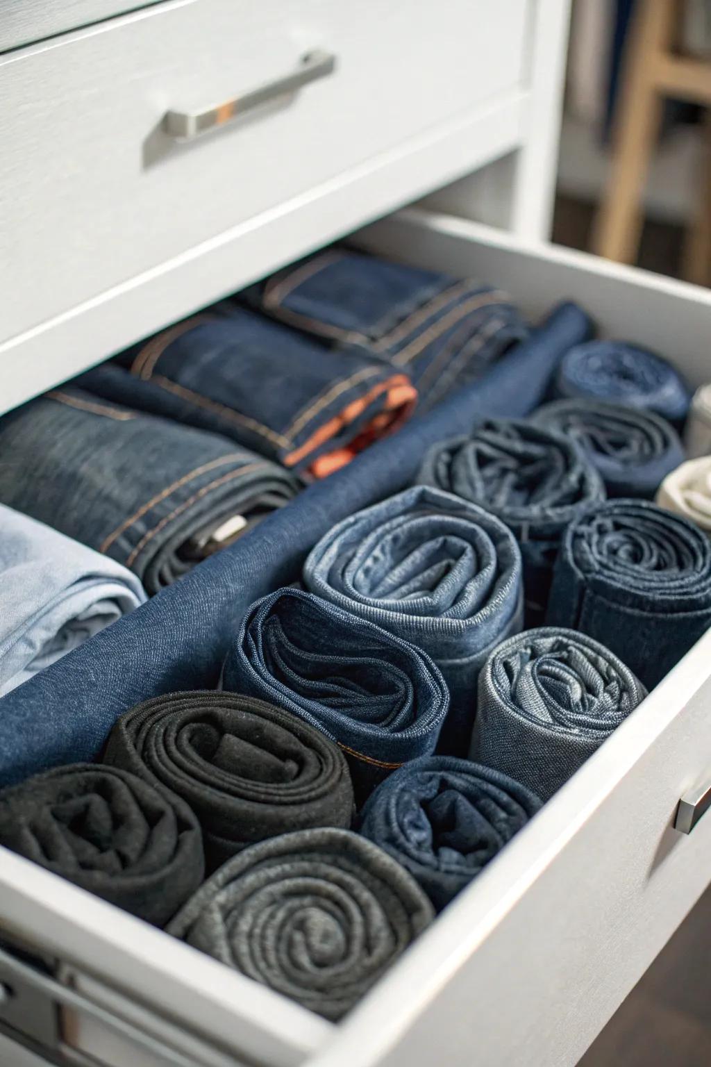 Tightly rolled jeans in a drawer offer a compact storage option.