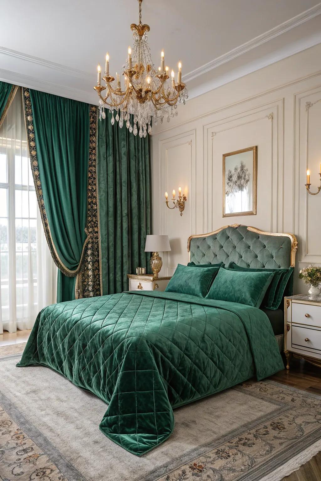 Emerald green velvet introduces a lavish, welcoming feel to any bedroom.