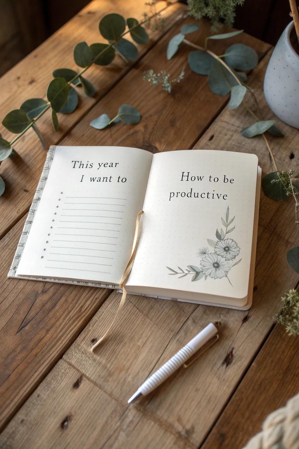 Unlock your productivity potential with a beautifully themed journal. Embrace simplicity and stay focused and inspired.