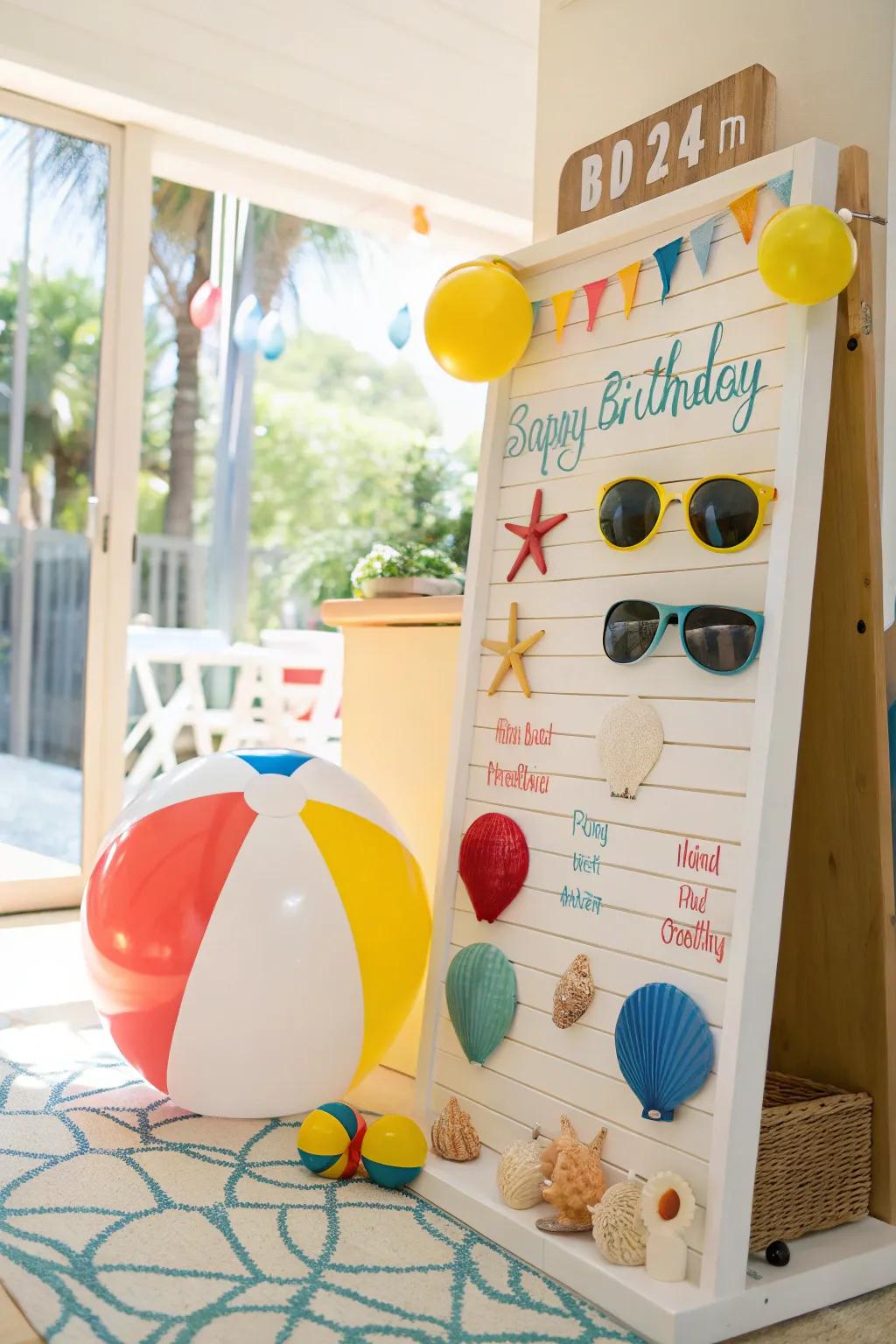 A beach-themed birthday board, ideal for bright July festivities.