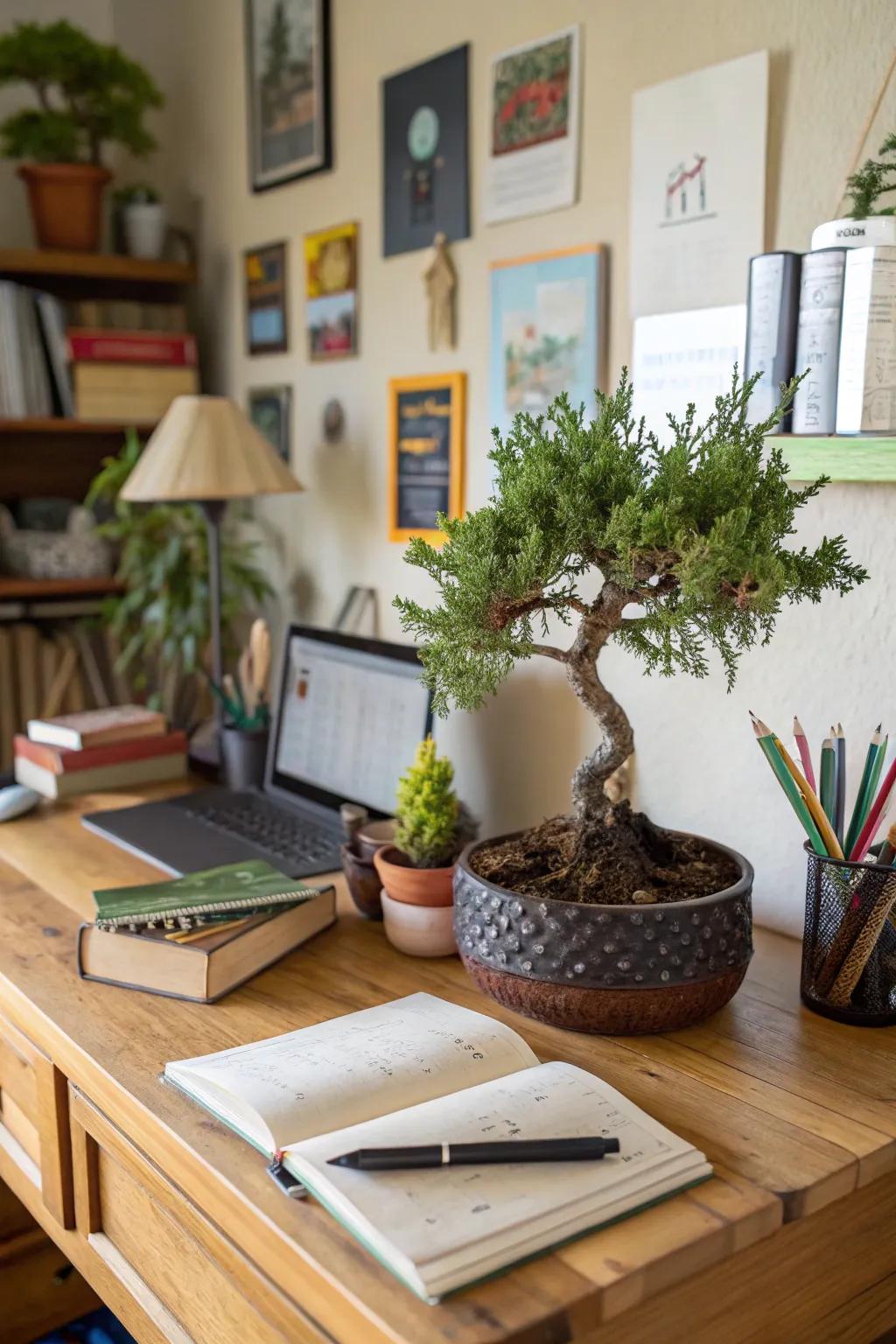 An easygoing vertical juniper bonsai imparting warmth to a snug home office.