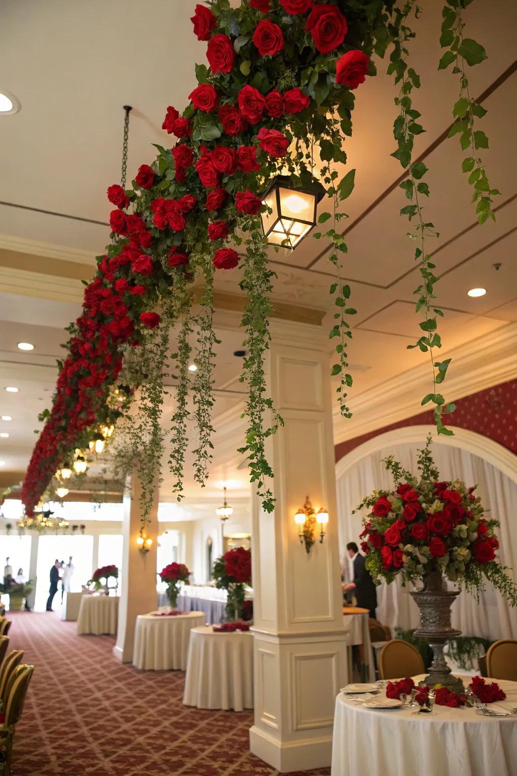 Exquisite scarlet blossom garlands gracefully draped to enhance the Grand National-themed d&eacute;cor.