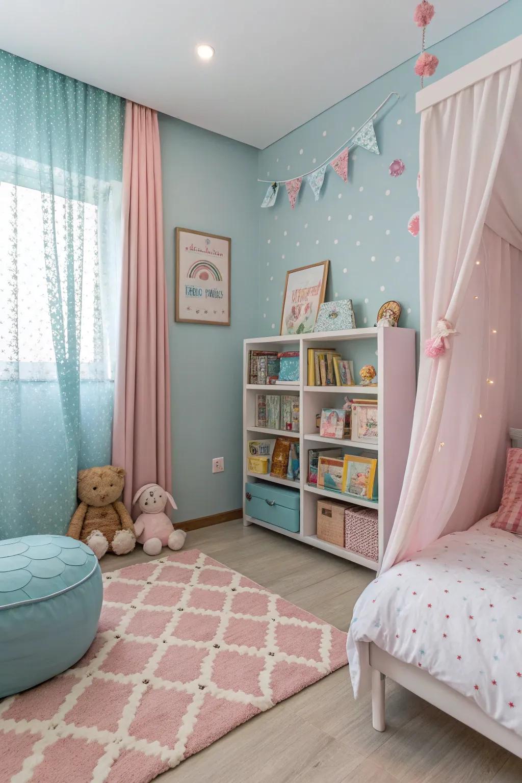 Delicate pastels conjure a soothing and tranquil ambiance.