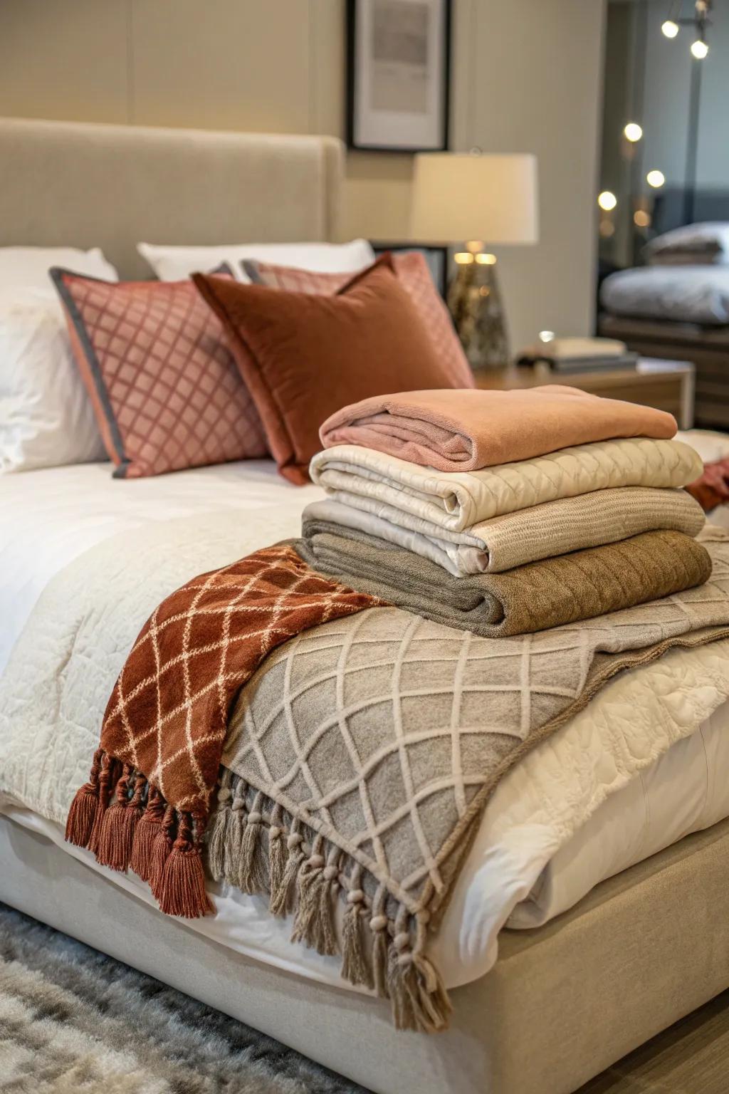 Layered bedding adds depth and comfort.