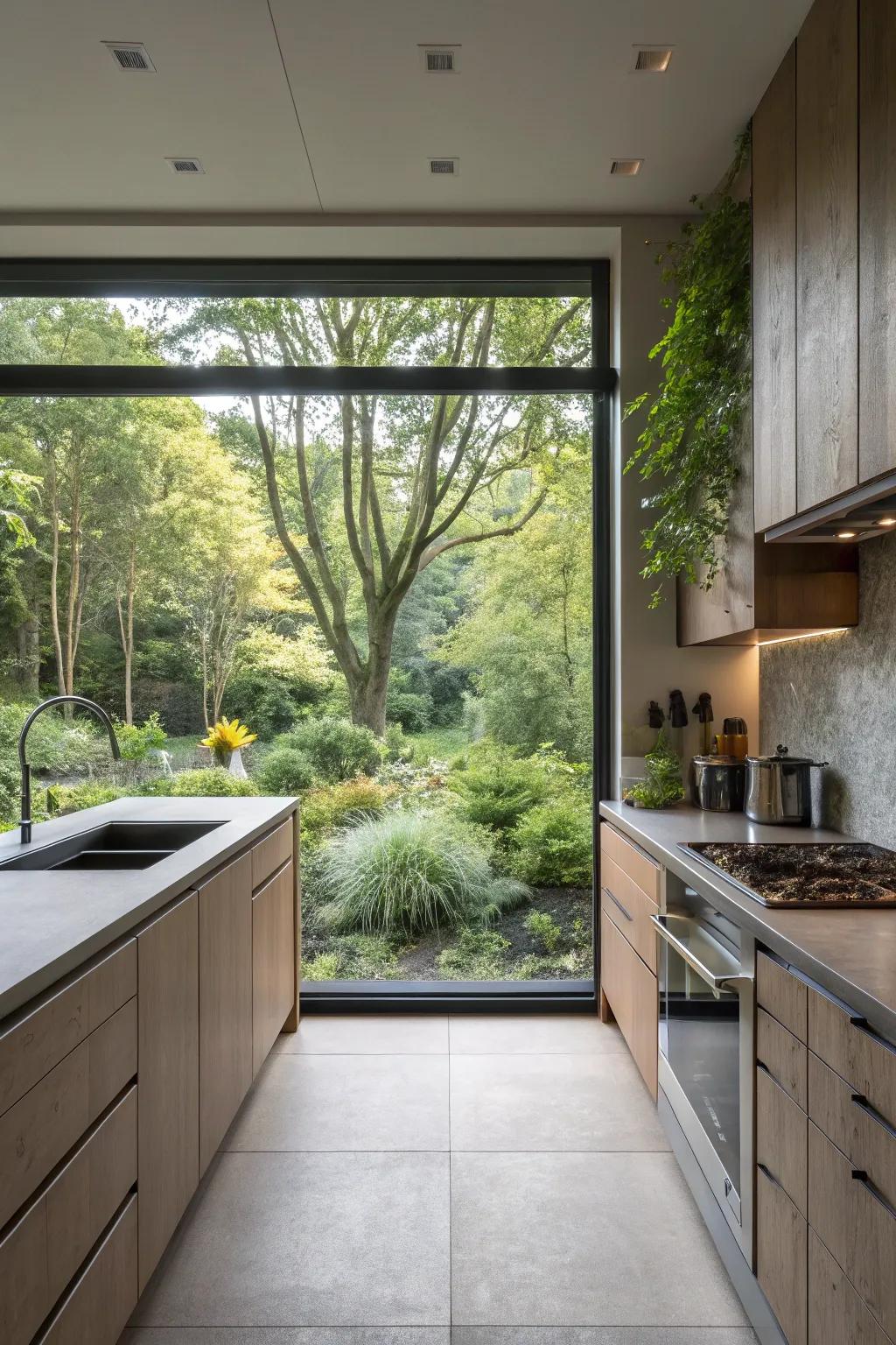 An expansive window backsplash that naturally merges the scenic outdoors with the kitchen&rsquo;s interior.