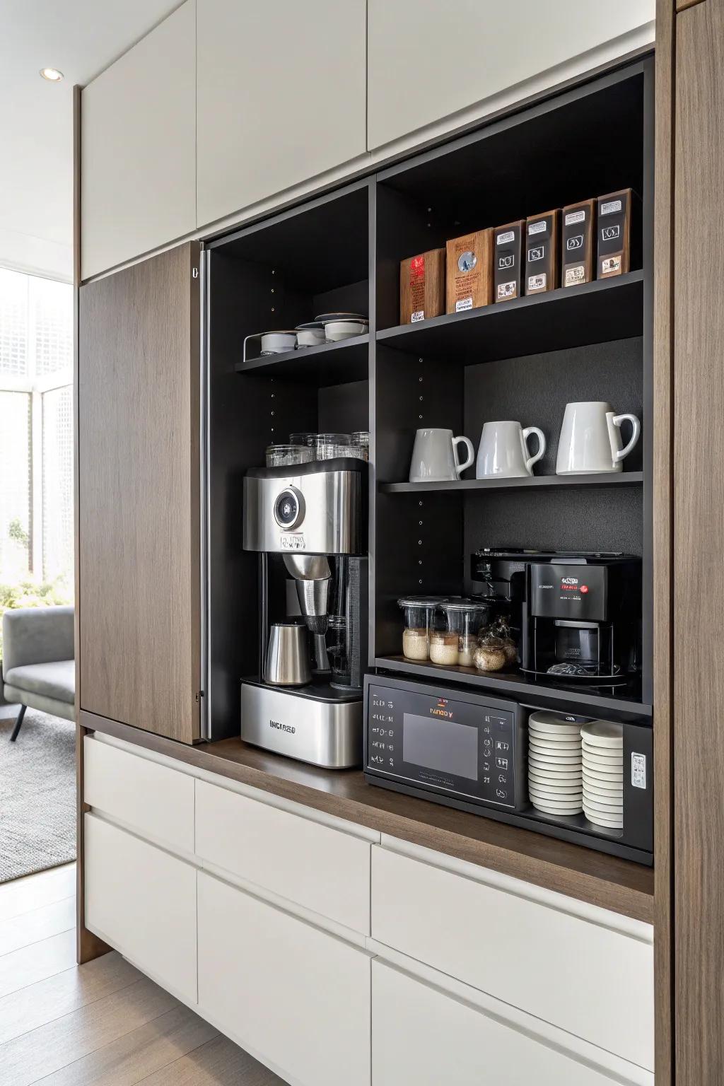 Custom cabinets can revolutionize your coffee bar into a structured paradise.
