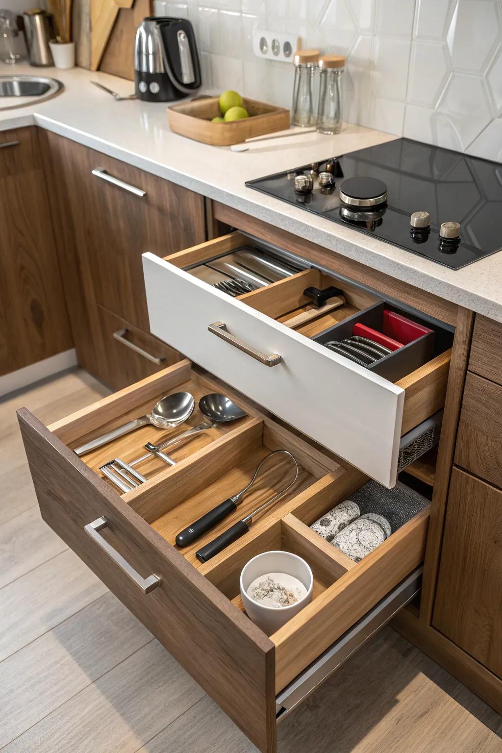 Slanted drawers offer a stylish and efficient storage solution.