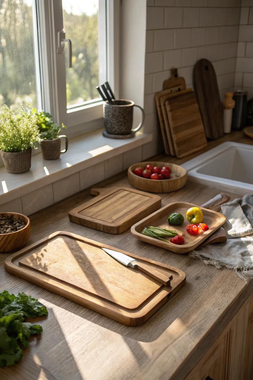Wood accents contribute a warm feel to the kitchen's aesthetics.