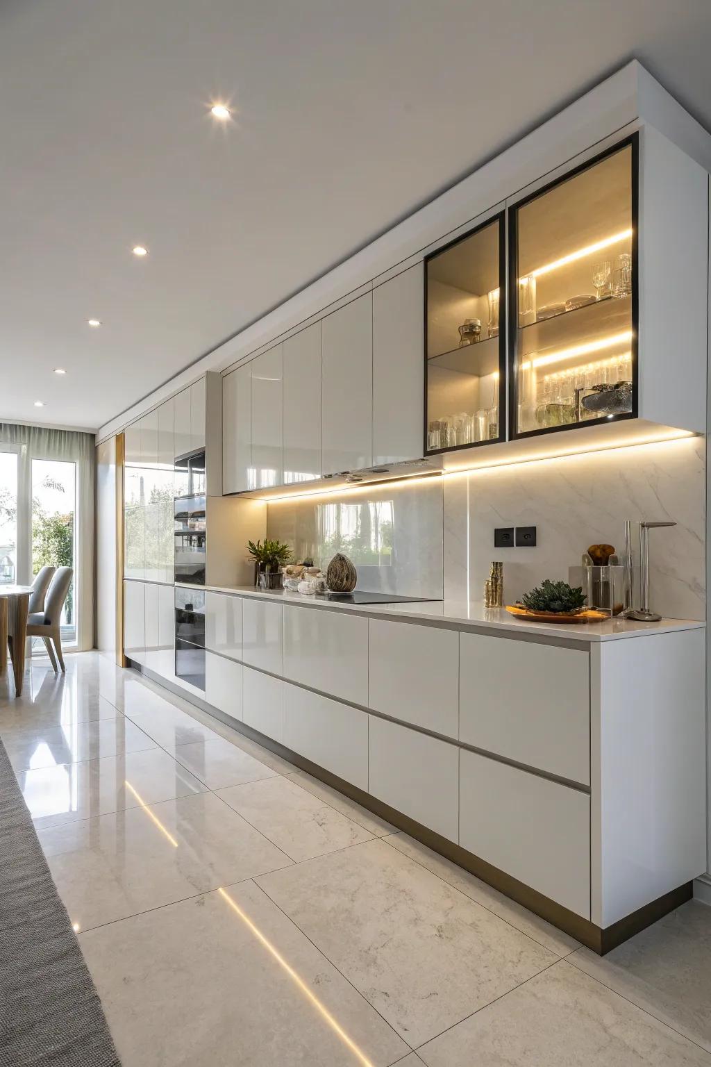 A polished, minimalist sideboard with integrated lighting in a modern kitchen.