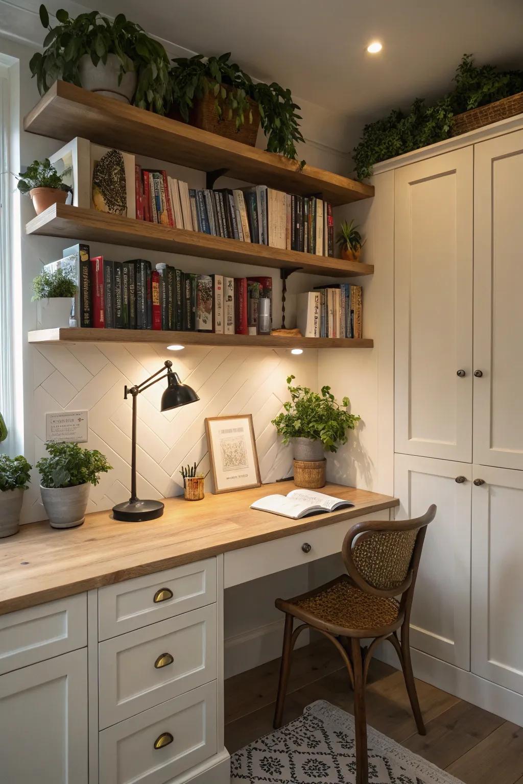 Custom shelves increase functionality and add character to your kitchen-based office corner.
