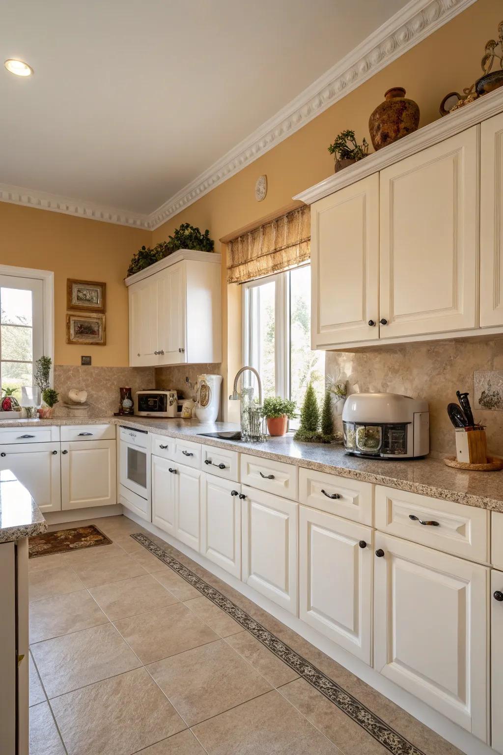 Comforting sand walls introduce dimension and snugness to your cooking area.