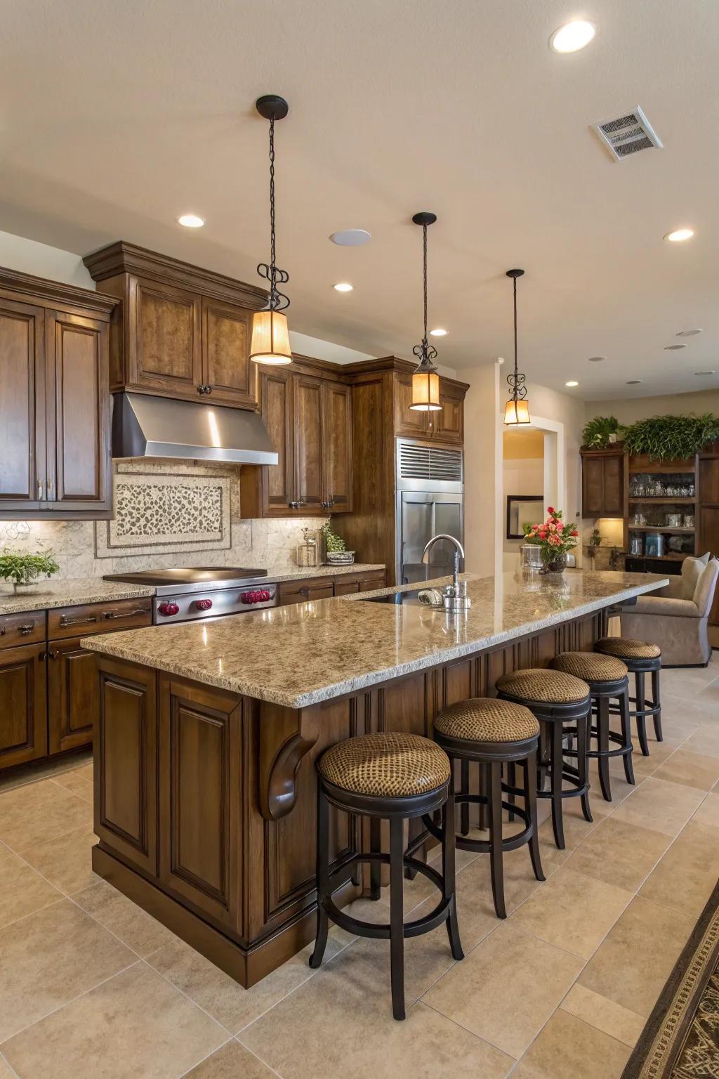 A kitchen boasting a sizable island complete with bar-style seats for socializing.