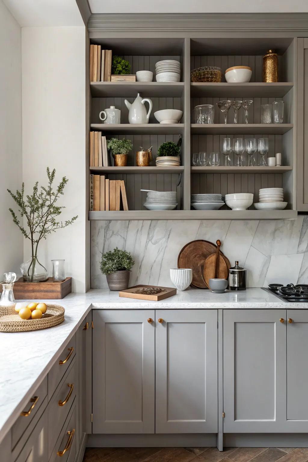 Open display combined with enclosed cupboards for a flexible cooking area design.