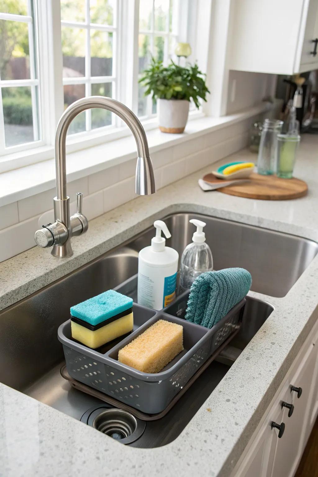 Improve space with an above-sink rack.