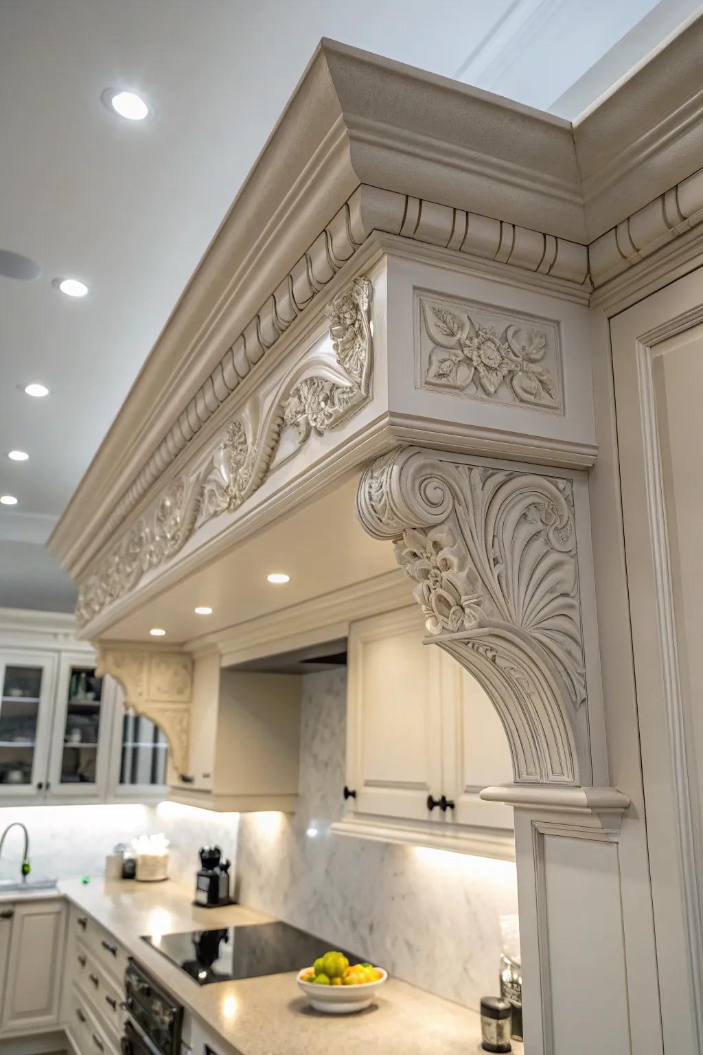 Decorative moldings that give the kitchen soffit a sophisticated touch.