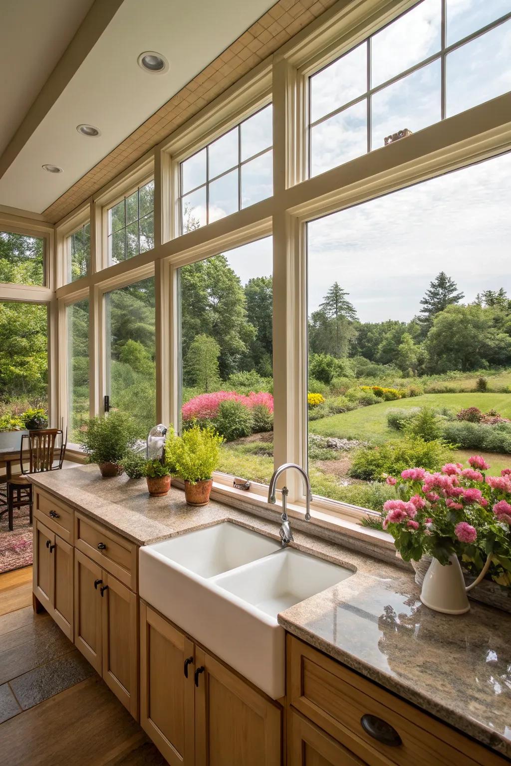 A culinary space adorned with panorama windows presenting a captivating tableau of verdant gardens.