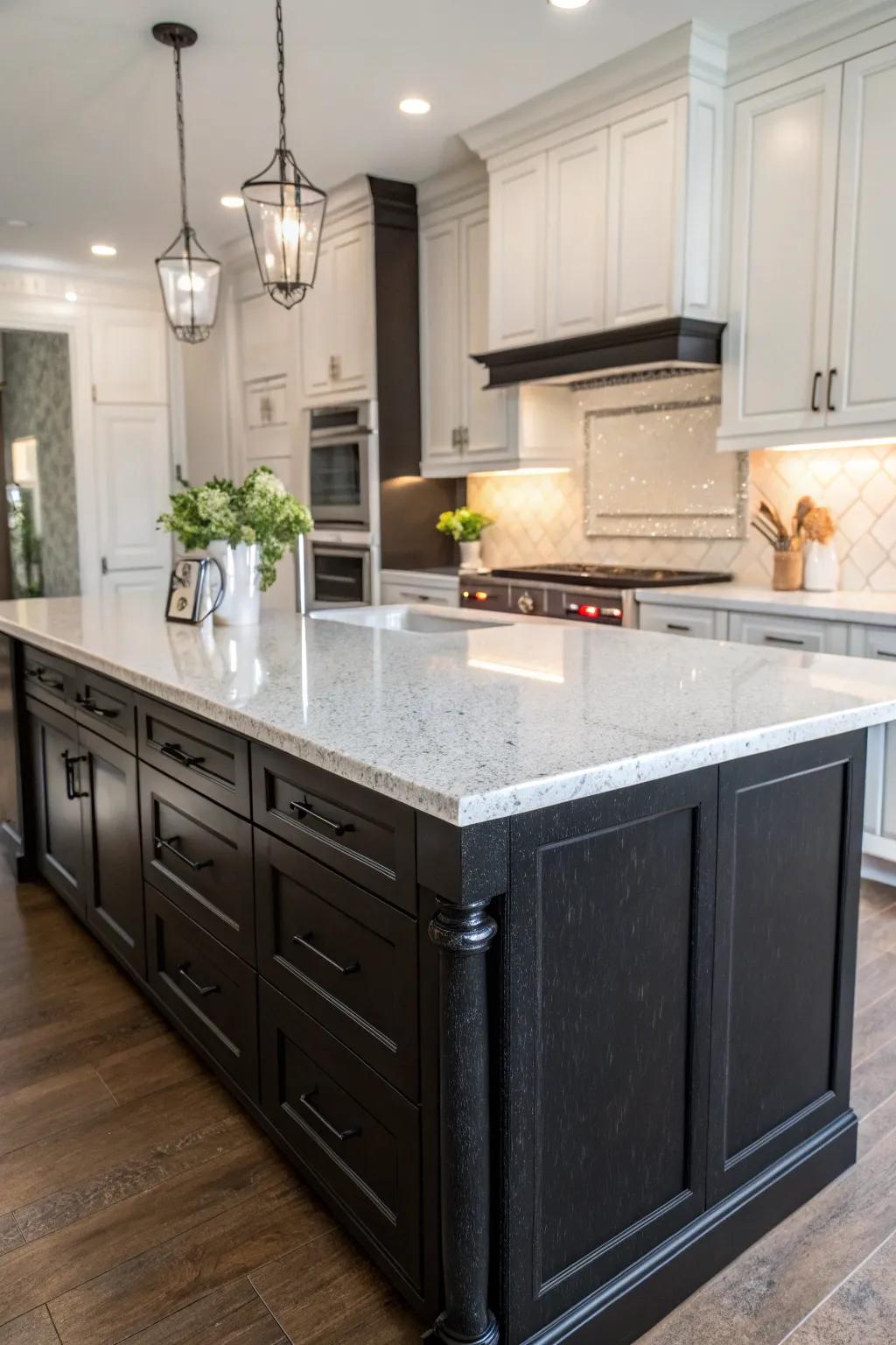 A striking central island sporting a dark base and vibrant quartz top.