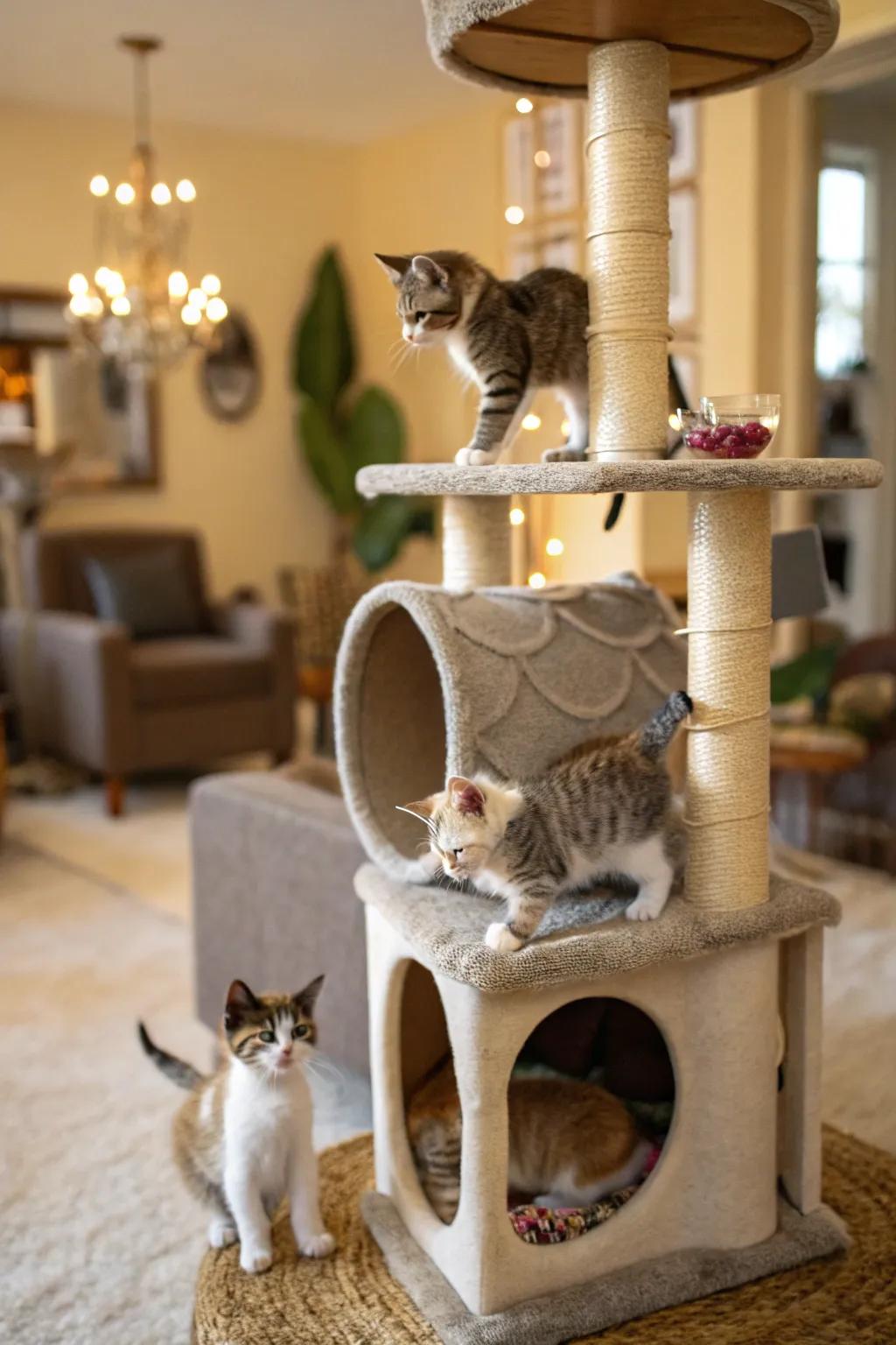 An interesting cat condo offering vertical escapades for playful kittens.