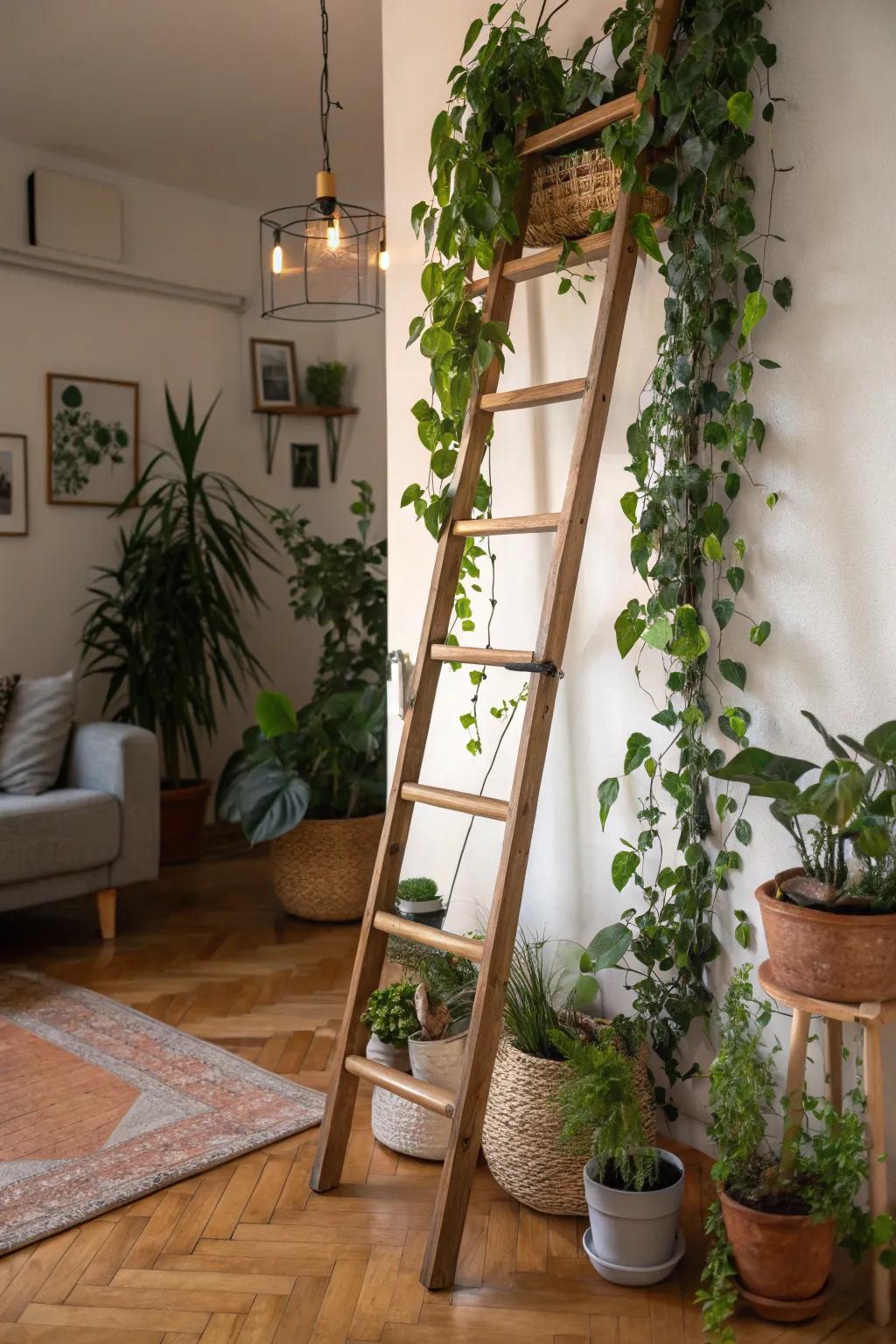 A ladder enriched with plant life creates a revitalizing indoor sanctuary.