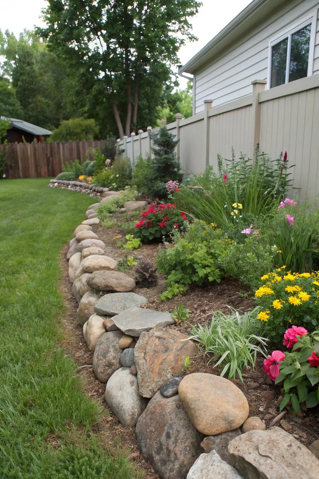 Rock and stone borders evoke a peaceful and organic garden mood.