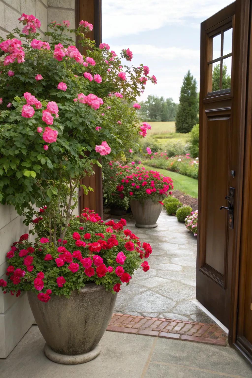 Potted knockout roses create a welcoming entrance.