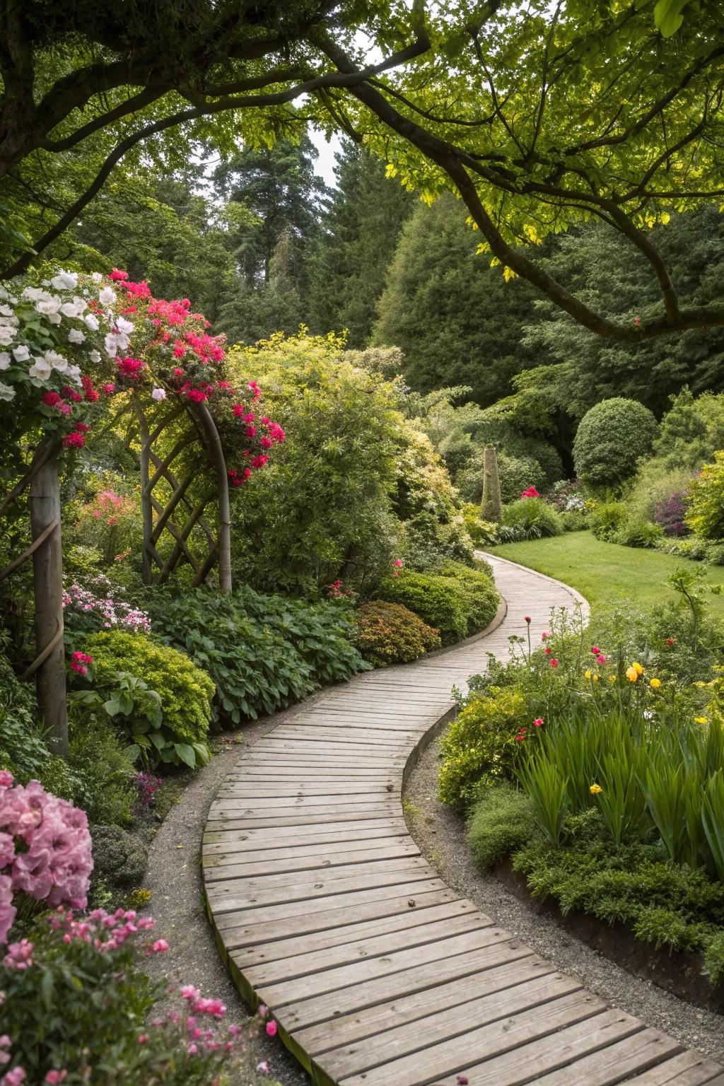 A curving walkway introduces intrigue and guides visitors through your garden.