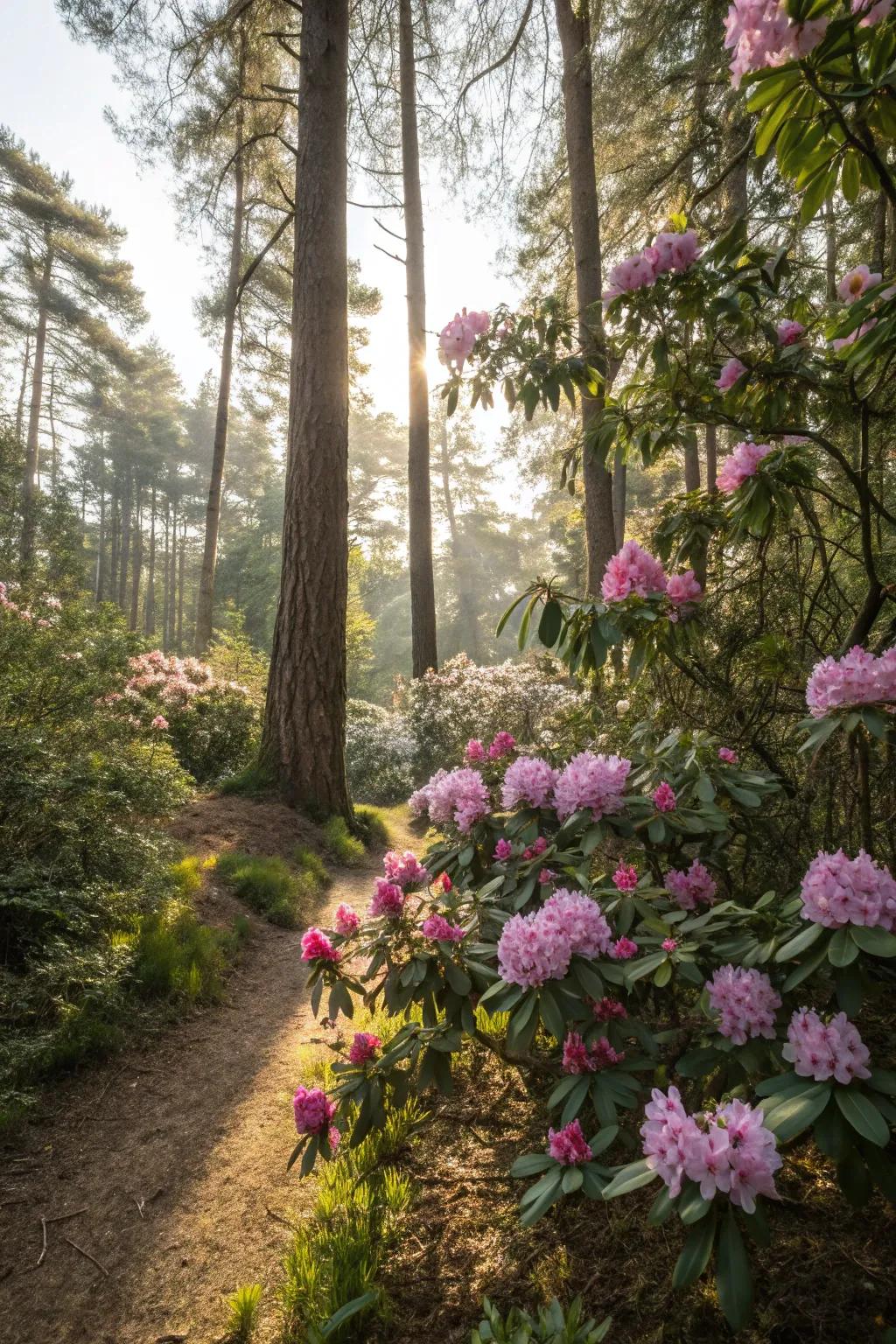 Rhododendrons nestled serenely within a tranquil woodland retreat.