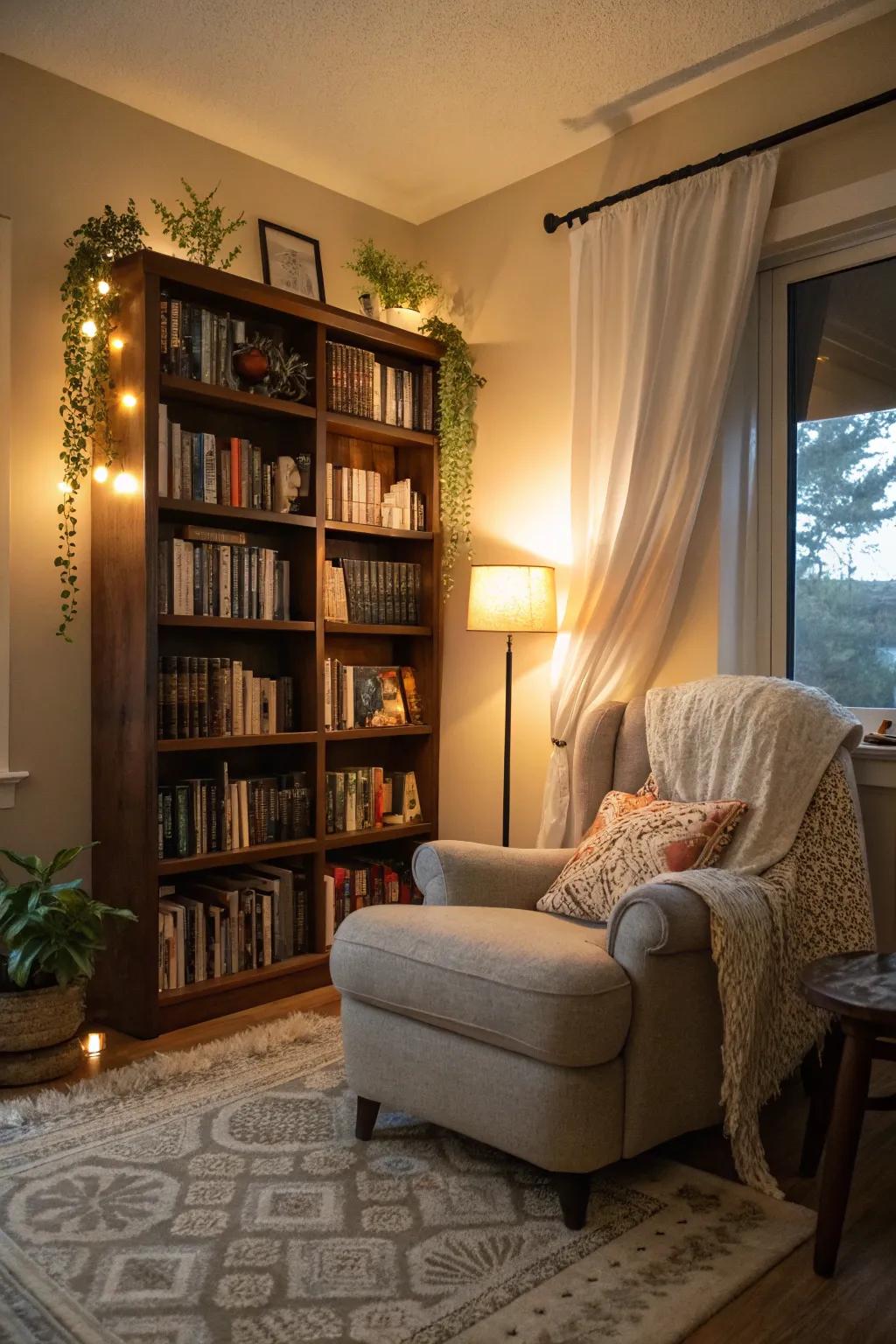 A cozy nook filled with books beckons you to unwind and find peace.