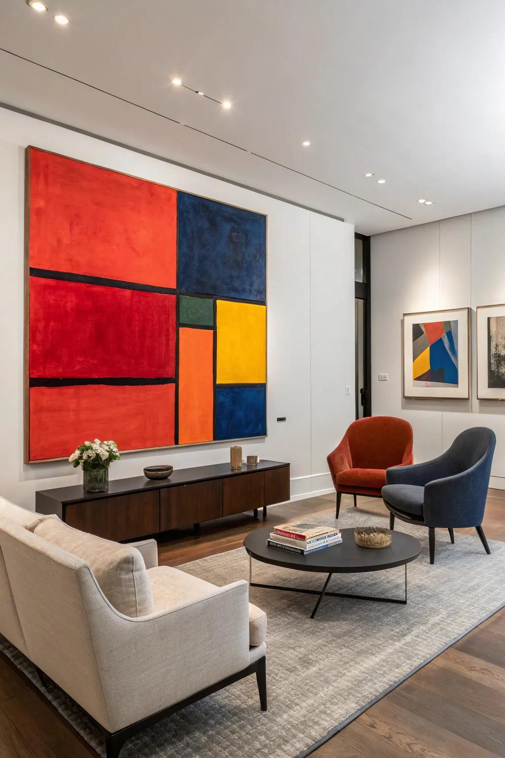 Bold abstract art creates a modern and dynamic atmosphere.