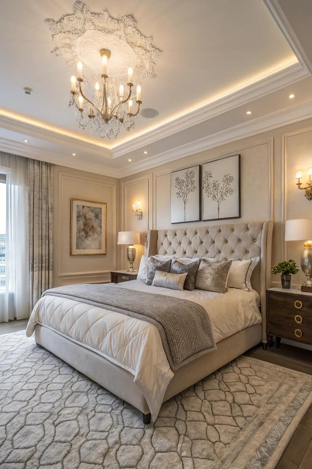 A cultured sleeping quarters featuring ample sized crown shaping, establishing a serene and elegant ambiance.