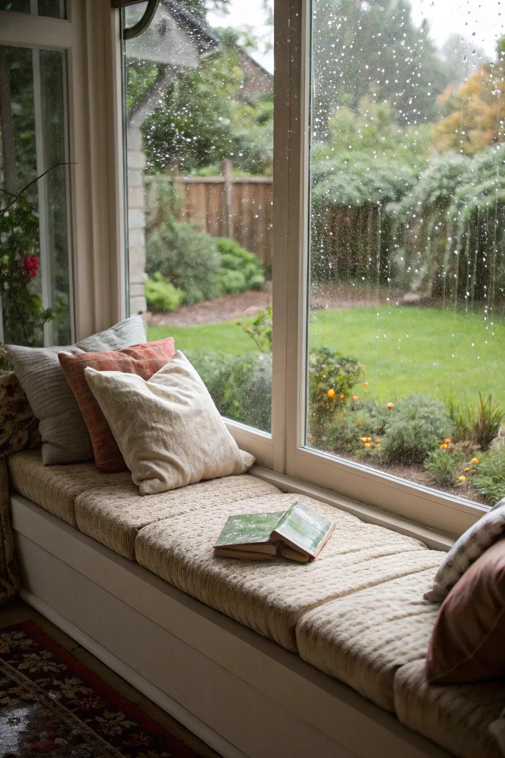 A snug window seat perfect for unwinding and reading.