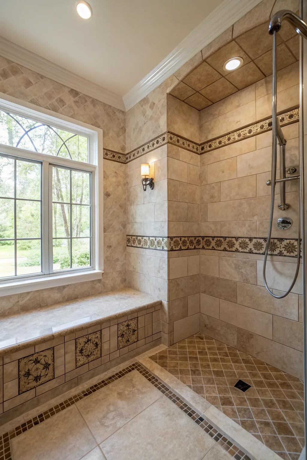 An integrated seat provides comfort and convenience in your shower.