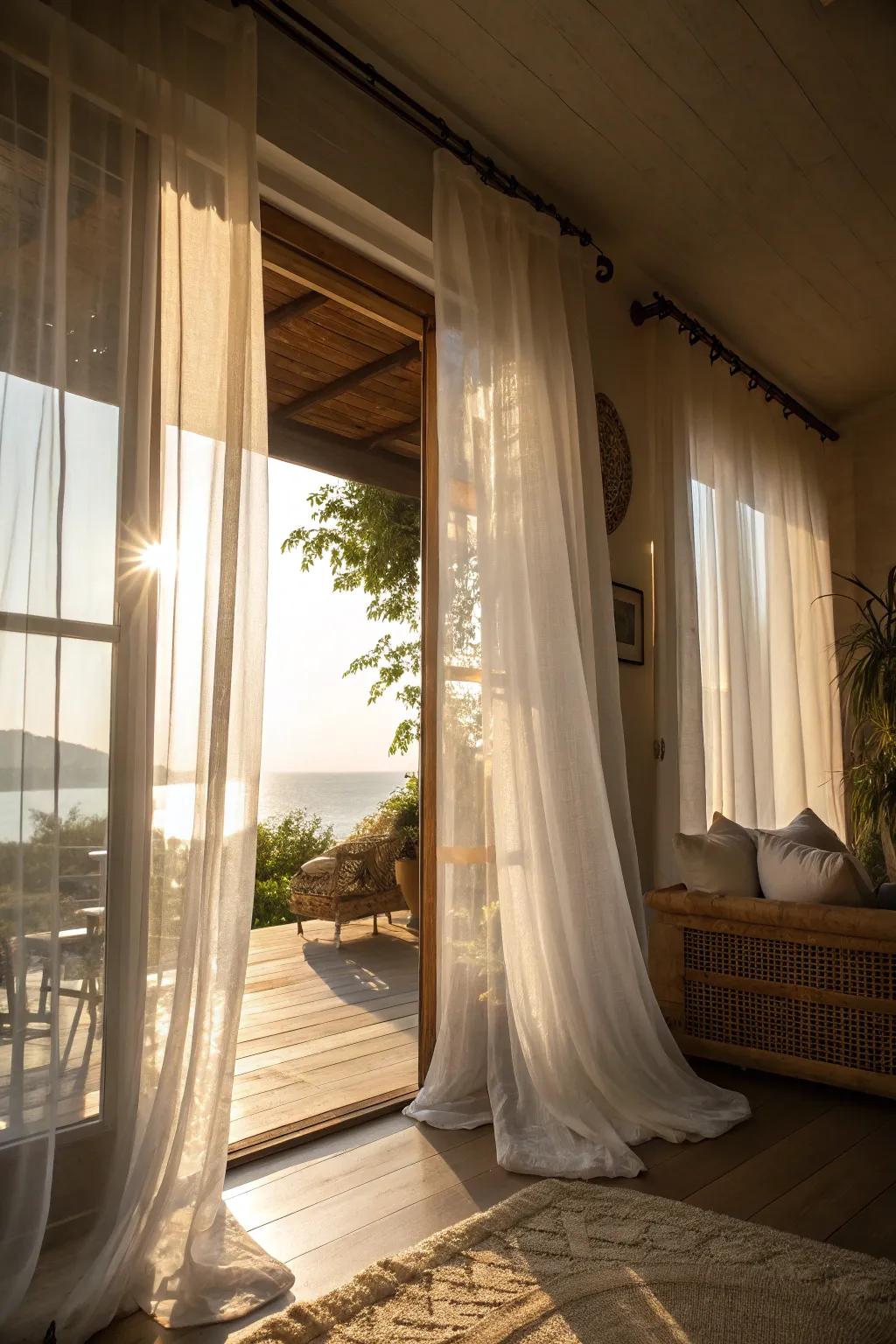 Light filtering curtains establish a luminous and breezy ambiance.