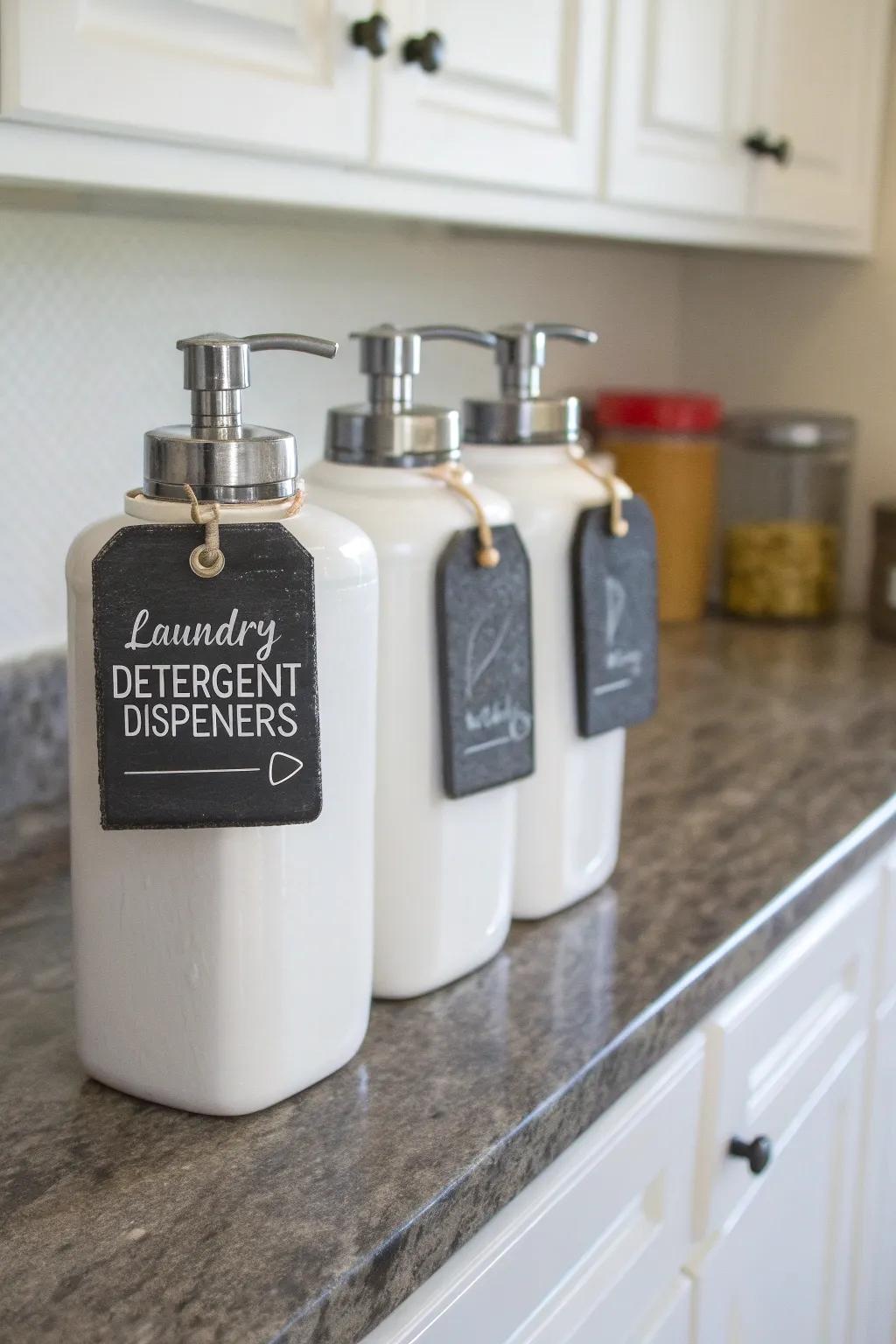 Chalkboard tags offer a personalized touch to detergent dispensers.