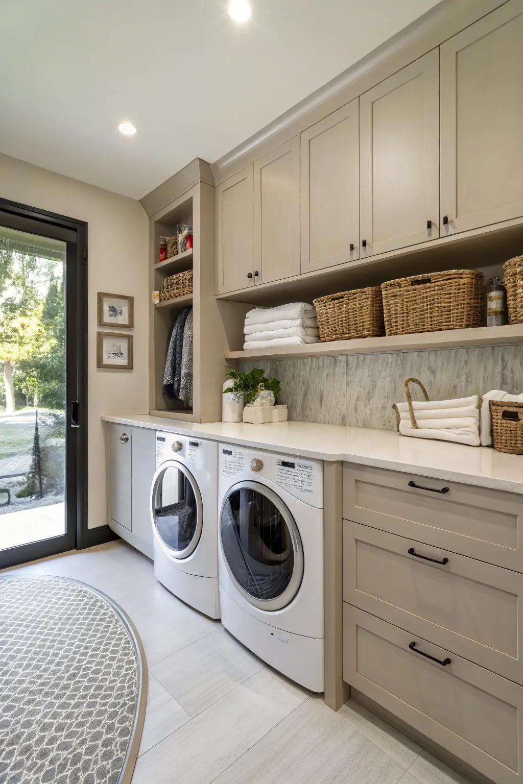 Furniture-inspired cabinets infuse the laundry room with charm and sophistication.