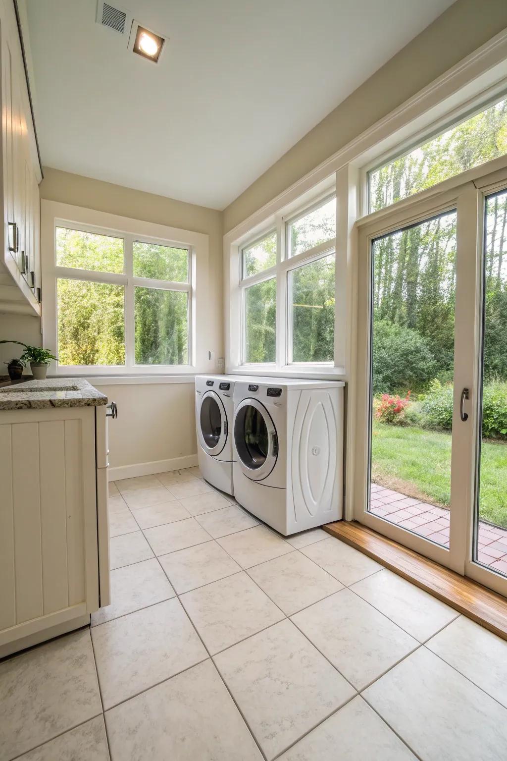 Light shades amplify natural light in this comfortable laundry setting.