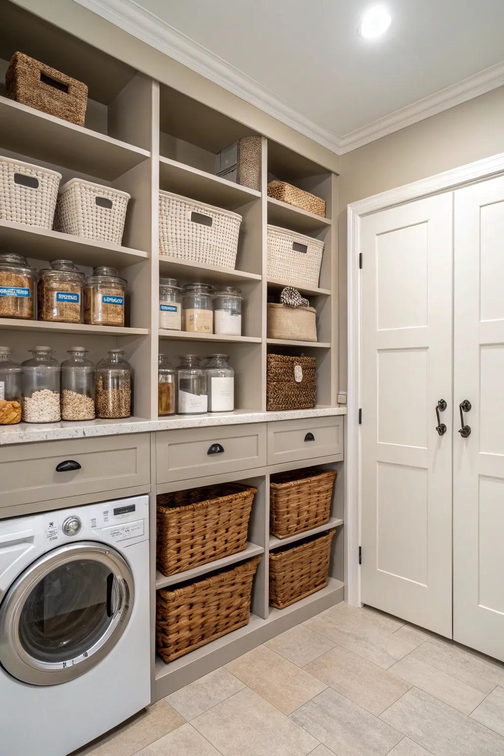 Smart storage ideas using open shelves and stylish baskets.