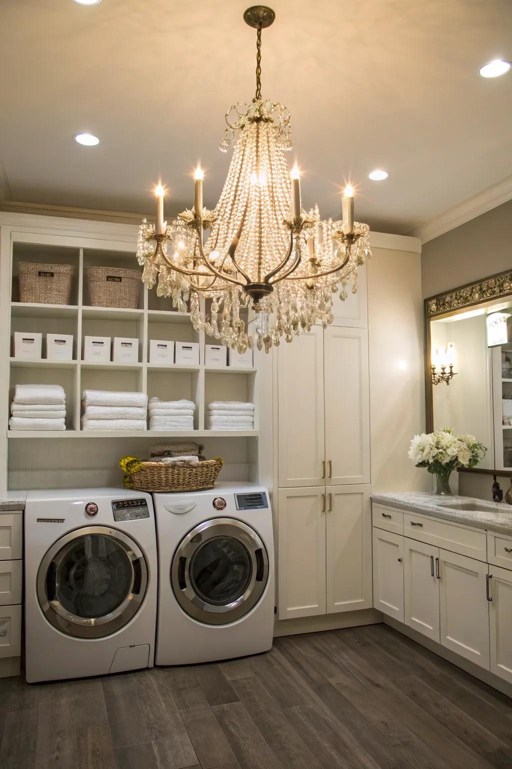 A chandelier brings an unexpected touch of extravagance to your laundry area.