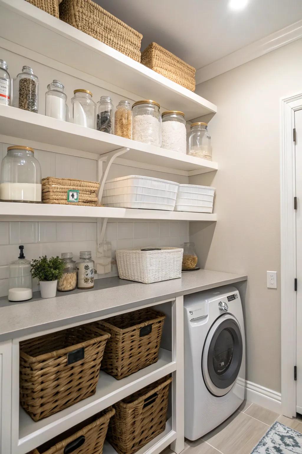 Introduce style and accessibility to your laundry room with open shelving.