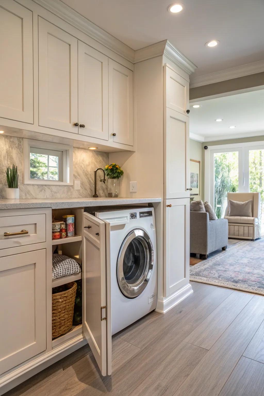 A stylish cabinet-style laundry chute cleverly concealed within the cabinetry.