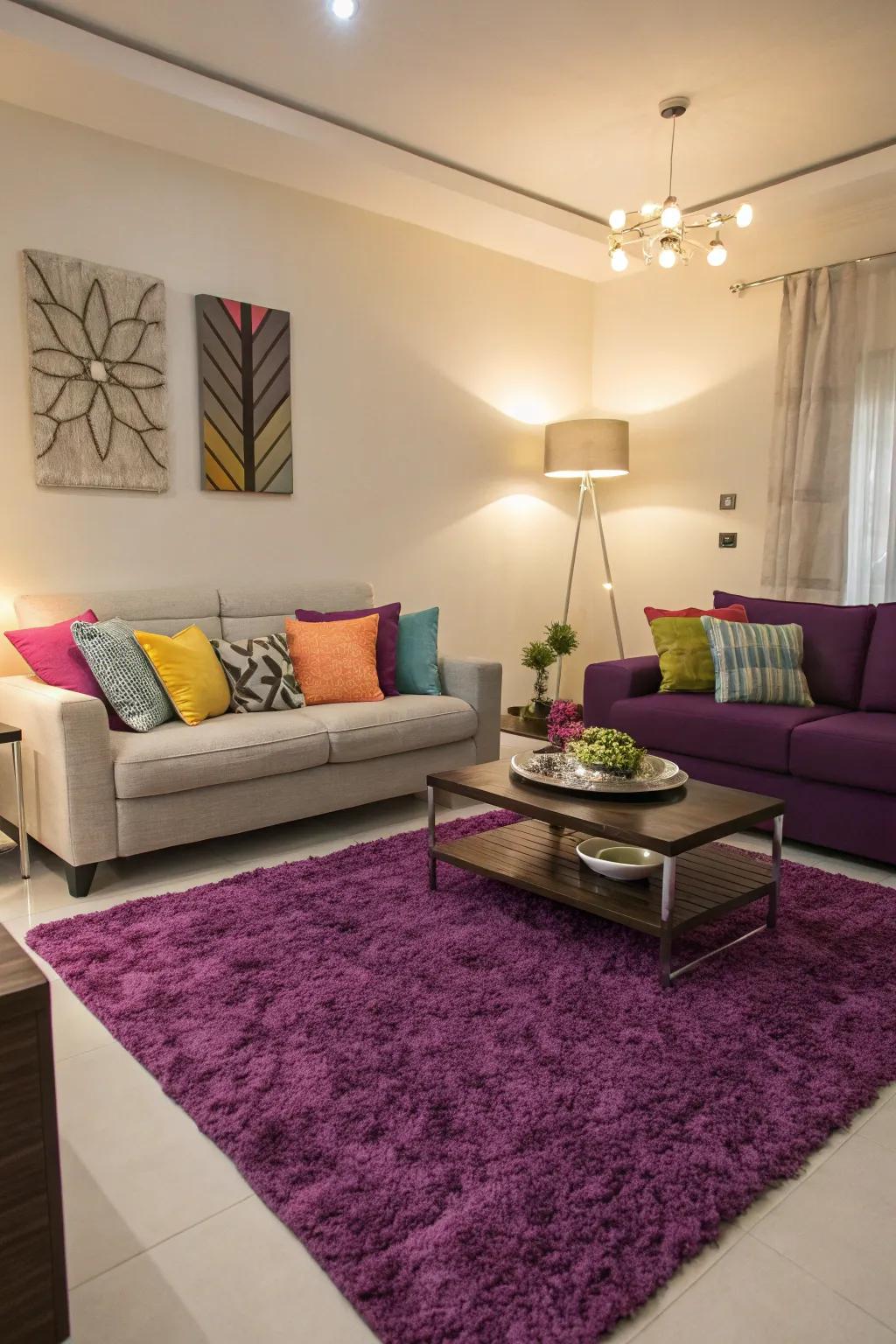 A stylish living space showcasing purple touches that accentuate the overall design.