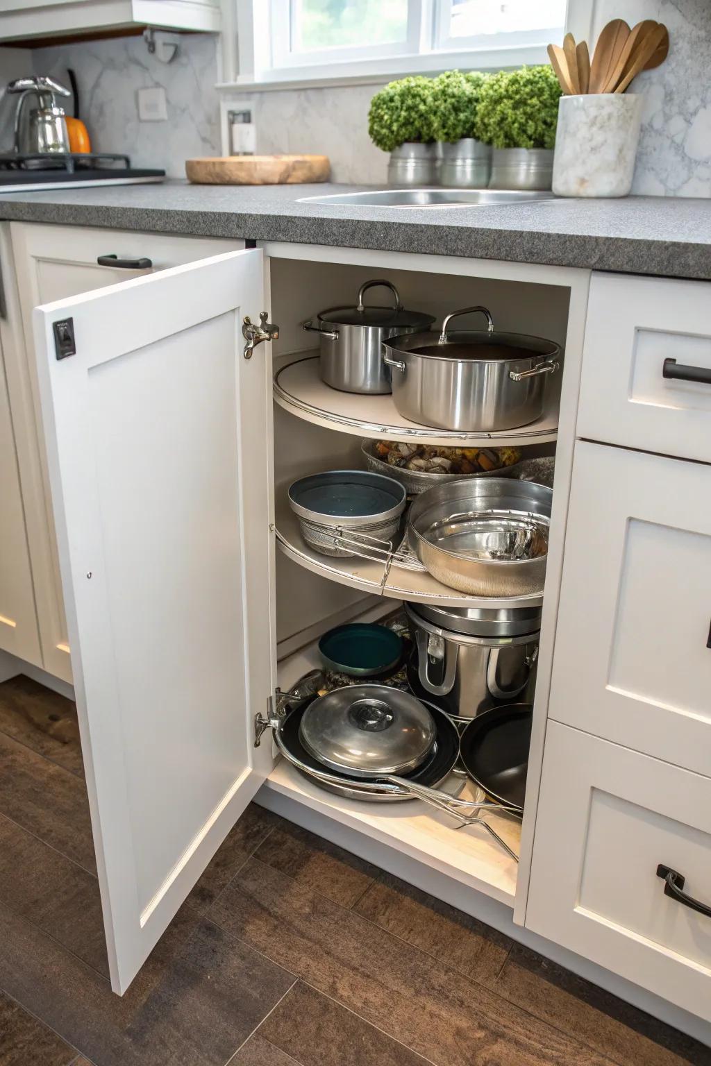 Make the most of corner cabinets by adding a spinner for cookware storage.