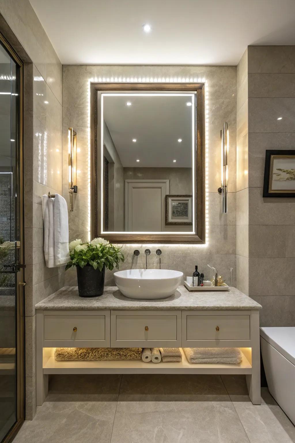 An encased light-emitting diode reflective surface that elevates the panache of the lavatory space.