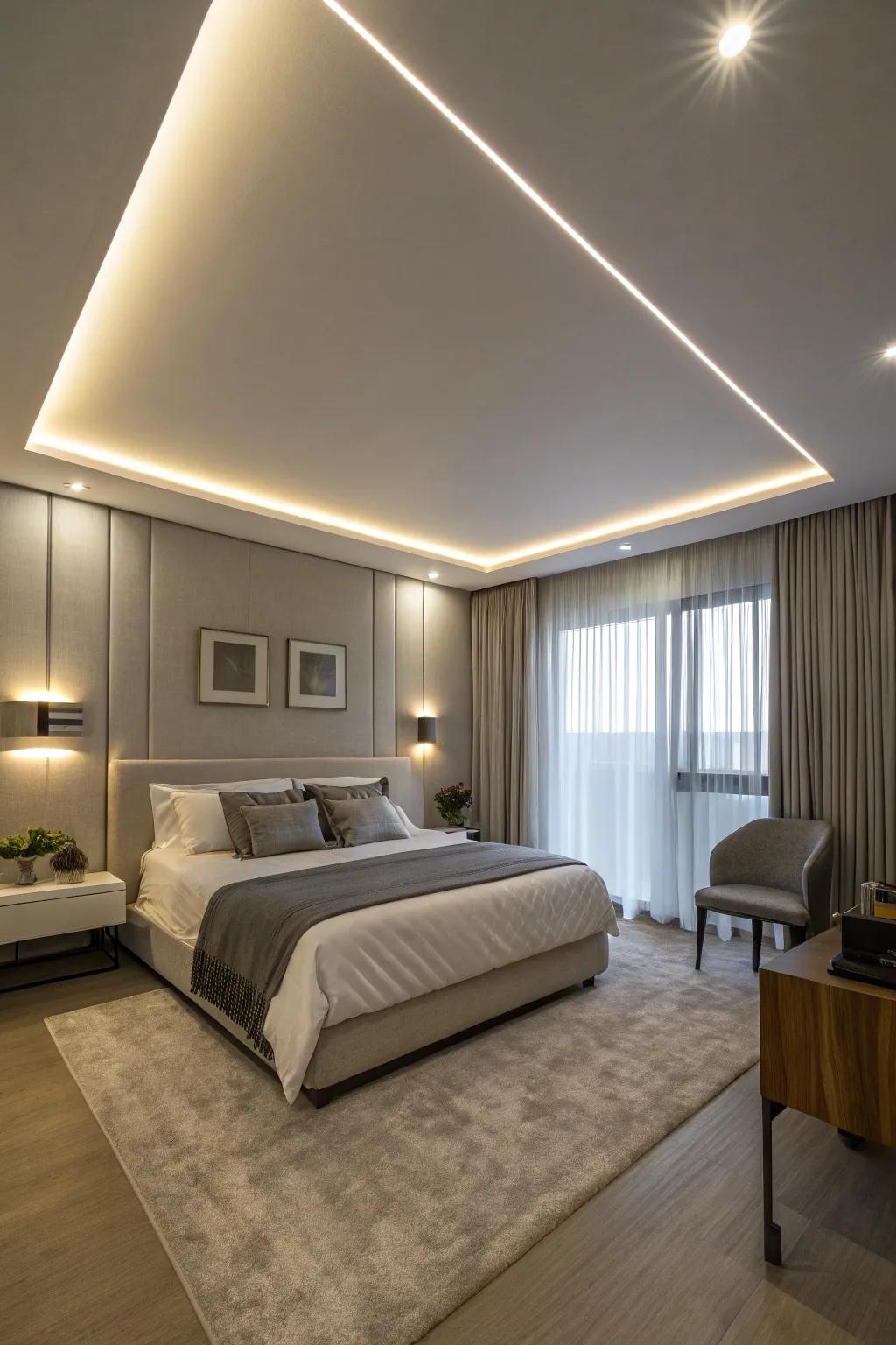 A comfortable ambiance is created by the halo effect of ceiling-mounted luminous diodes bars.