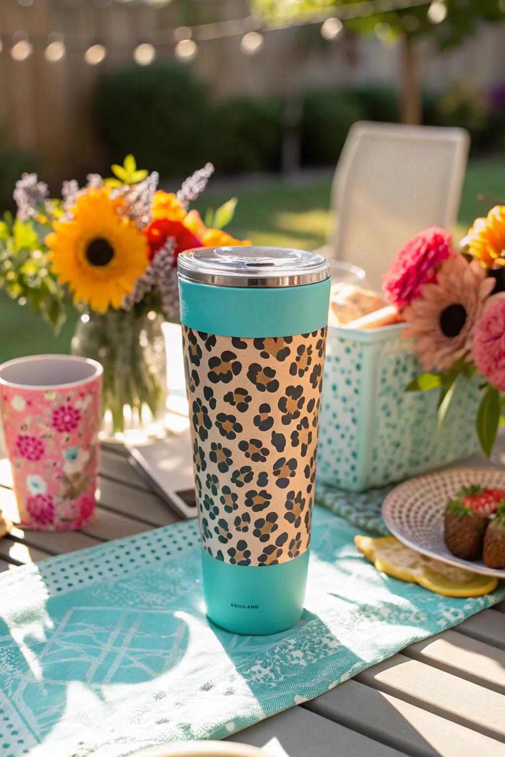 A lively aquatic blue leopard print cup, ideal for sunny days.